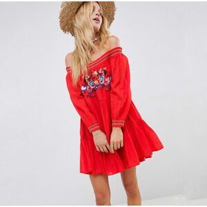 Free People Bright Red Floral Embroidered Off Shoulder Sunbeams Mini Dress S